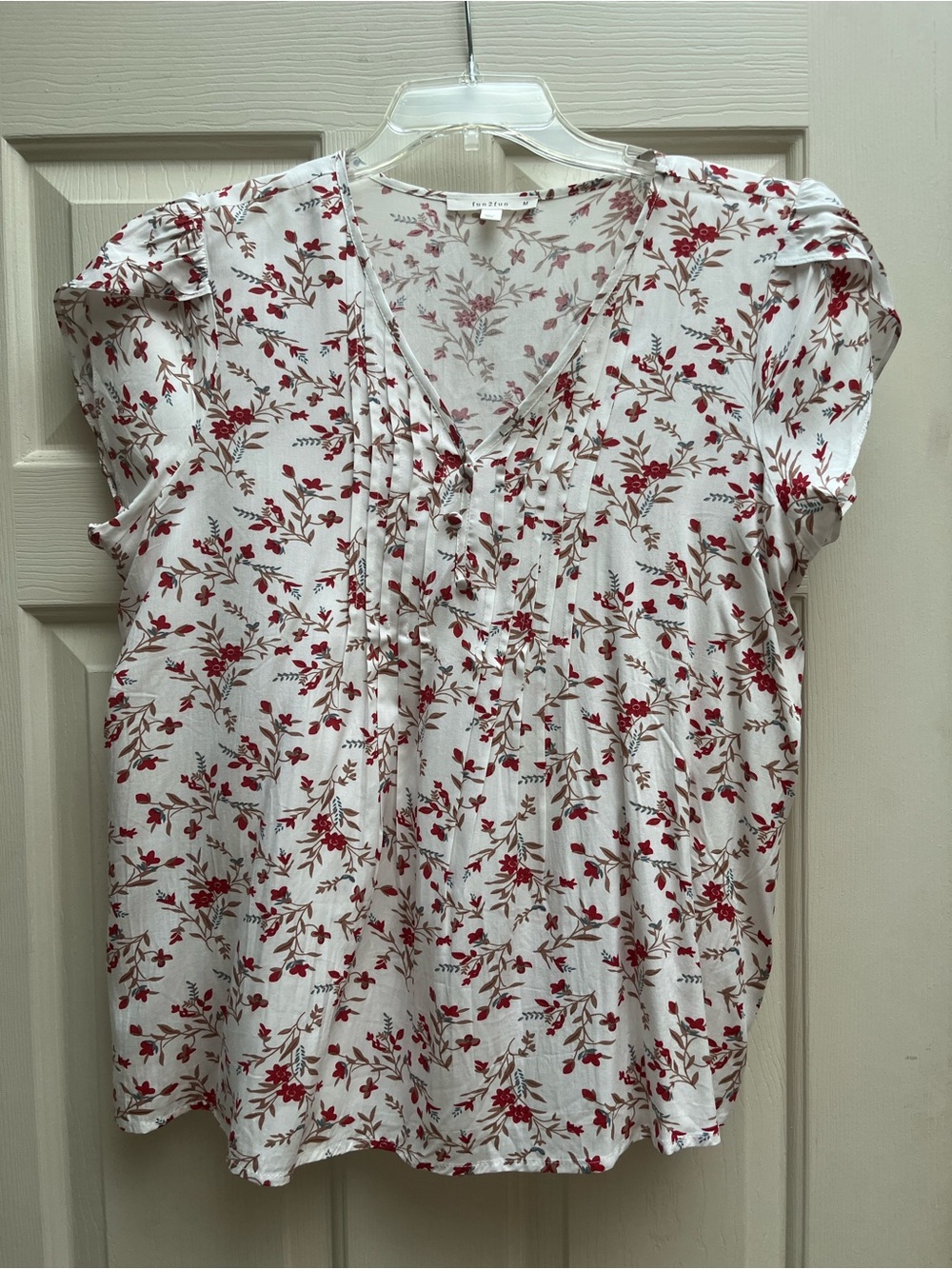fun 2 fun White Blouse with Red Floral Print